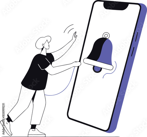 Person getting digital notification on smartphone, ringing bell icon, mobile alert concept.