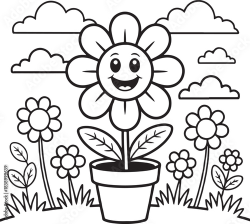 Charming happy cartoon flower in a pot surrounded by delightful garden elements and fluffy clouds for children