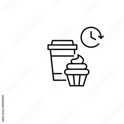 Takeaway coffee cup, cupcake and clock. Break time, breakfast and snacks at cafe. Pixel perfect, editable stroke vector icon