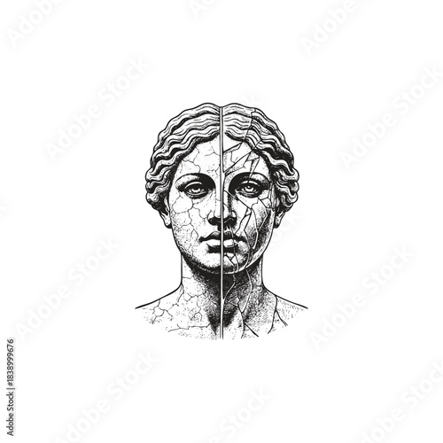 Cracked and divided face of a classical sculpture. Vintage style vector surreal illustration