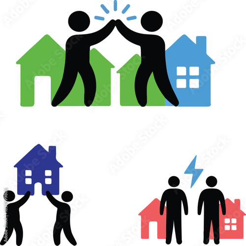 Real estate concept icons depicting highfives home building and property disputes for various housing situations