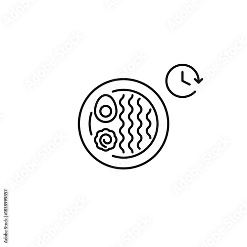 Ramen noodles dish and clock. Food scheduled delivery and meal pick-up on time. Takeaway Asian cuisine. Pixel perfect, editable stroke vector icon