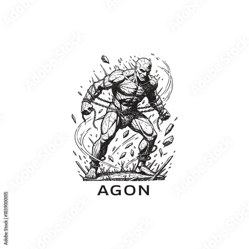 Muscular, powerful figure breaking free from heavy chains in an aggressive pose. Surreal illustration