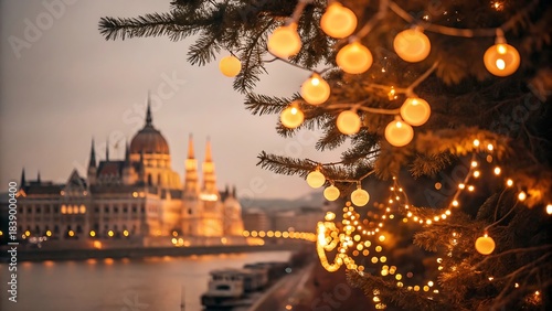 Glowing Christmas Lights on Pine Branch with Blurred Hungarian Parliament Building in Budapest
