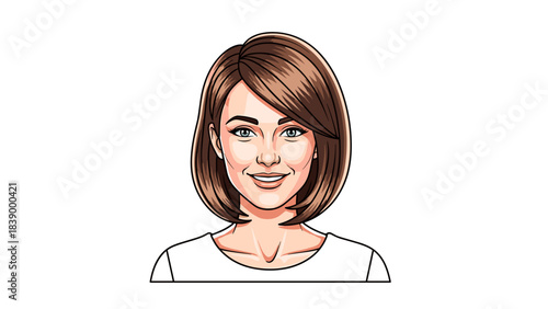 Cartoon portrait of smiling young woman with short hair and friendly expression