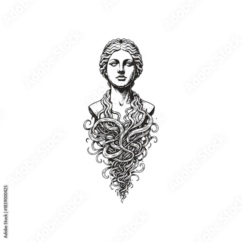 Elegant classical female bust with intricate, wild, and flowing hair that creates a complex, swirling pattern