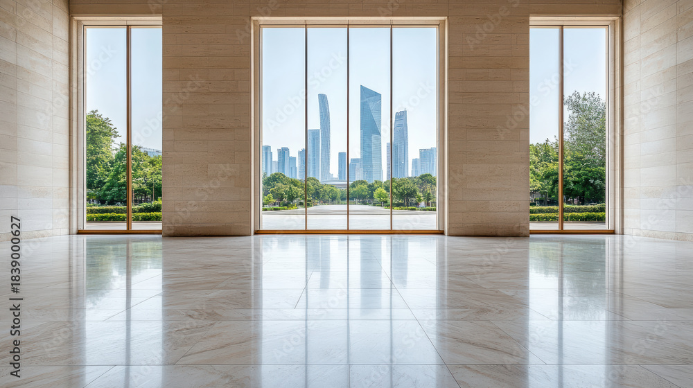 Fototapeta premium Sunlit marble interior with large windows framing modern skyline and park view