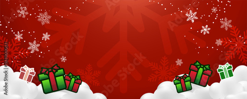 Christmas red background with gifts, snow, and snowflakes border design