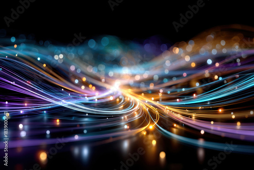 Wavy light trails with bokeh on black background