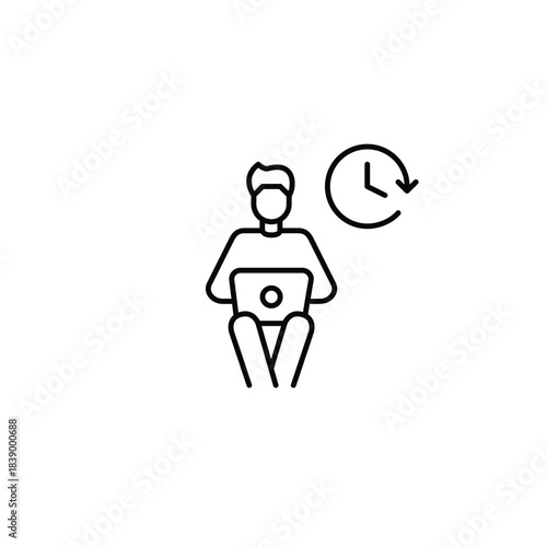 Man user working or studying at laptop and clock. Daily routine, time tracking and work schedules. Pixel perfect, editable stroke vector icon