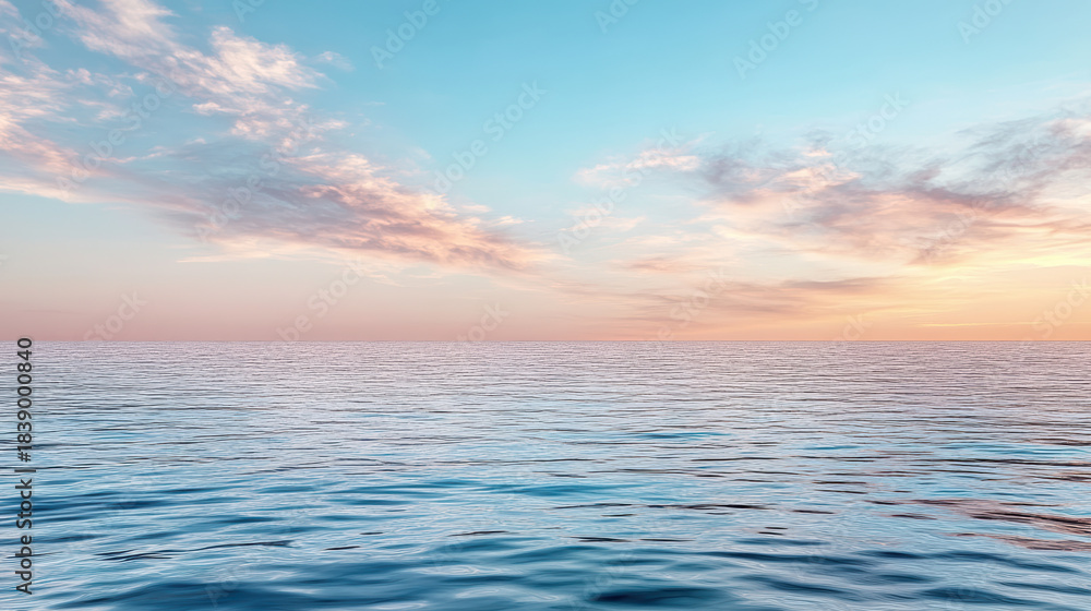 Naklejka premium Calm ocean horizon pastel sunrise with gentle ripples and soft clouds