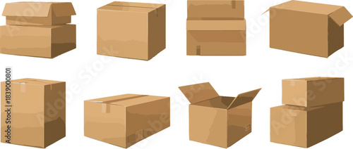 A set of cardboard boxes in different styles and sizes, vector illustration