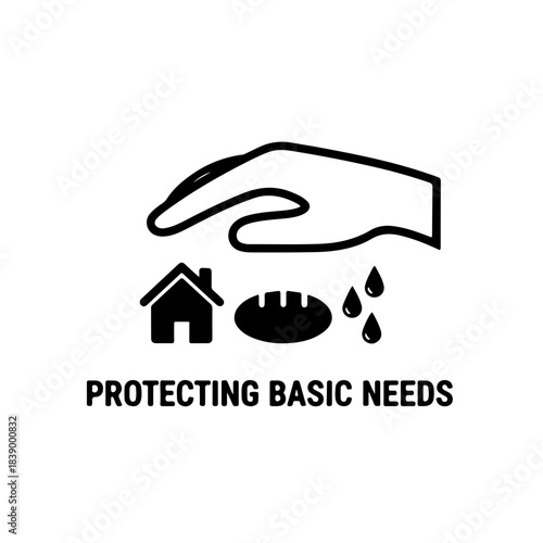 icon showing a protective hand covering symbols of basic needs: a small house, bread (food), and a water droplet. Represents guarantee, security, and access to essential human needs