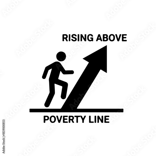icon of a human silhouette climbing a stair or arrow upward, rising above a horizontal line representing the poverty line. Symbolizes progress, empowerment, and overcoming poverty