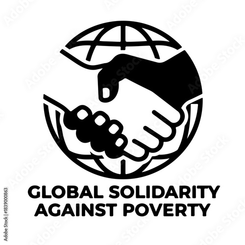 Black and white icon of two hands, representing different races, firmly clasped together. Symbolizes global unity, solidarity, and the fight against poverty