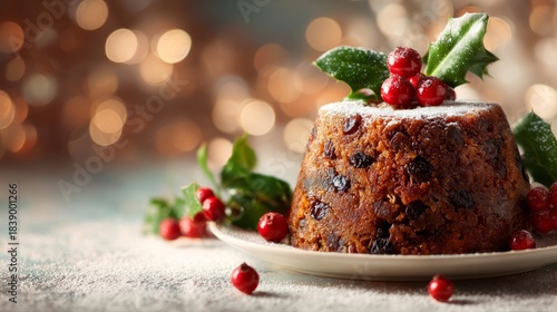 Christmas pudding decorating with holly and berries
