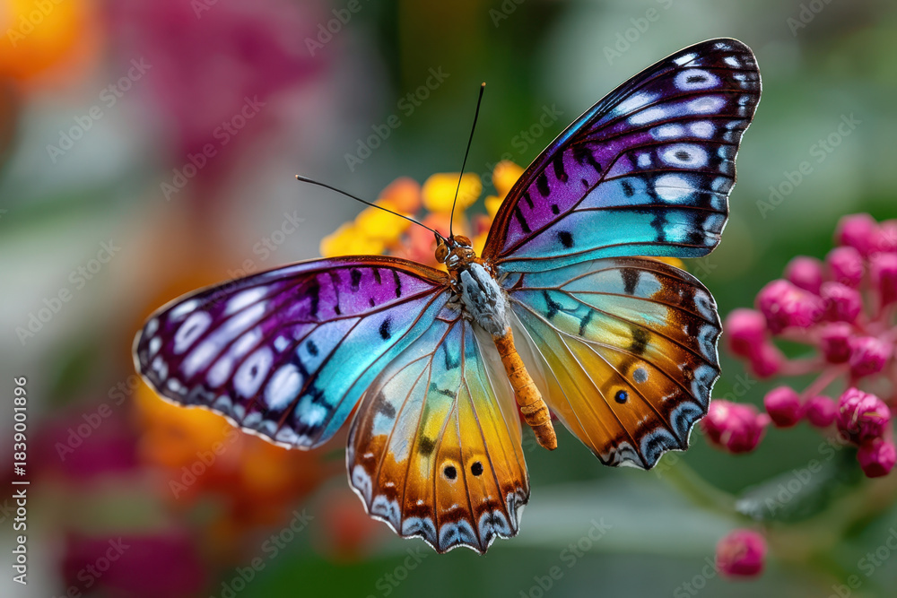 Fototapeta premium Colorful Butterfly with Open Wings on Flowers