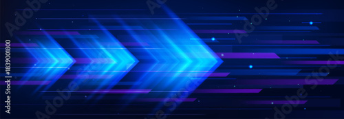 Blue neon arrow boost with glowing light speed effects on dark abstract background. Luminous geometric shapes and horizontal lines in dynamic tech motion atmosphere for digital innovation visuals.