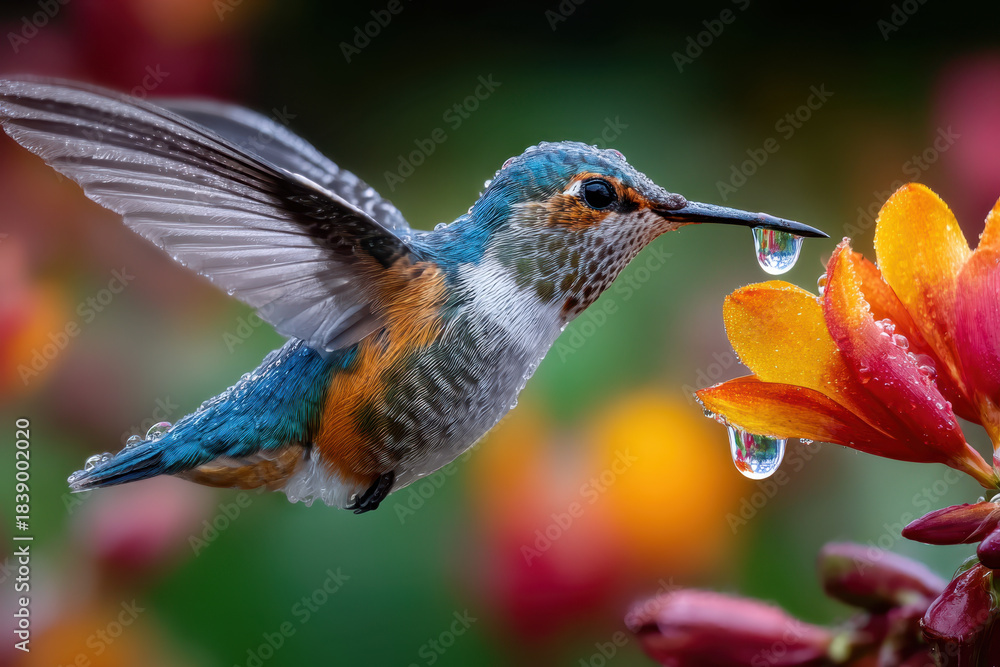 Obraz premium Hummingbird hovering near vibrant flowers with water droplets in a lush garden setting