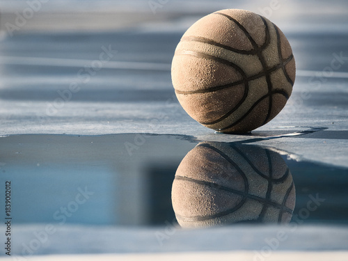 Old basketball on the court has standing water.