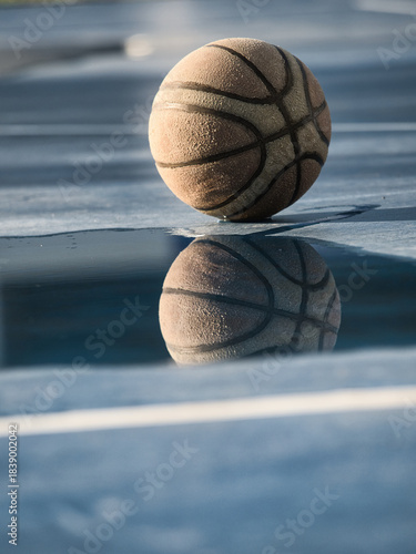 Old basketball on the court has standing water.
