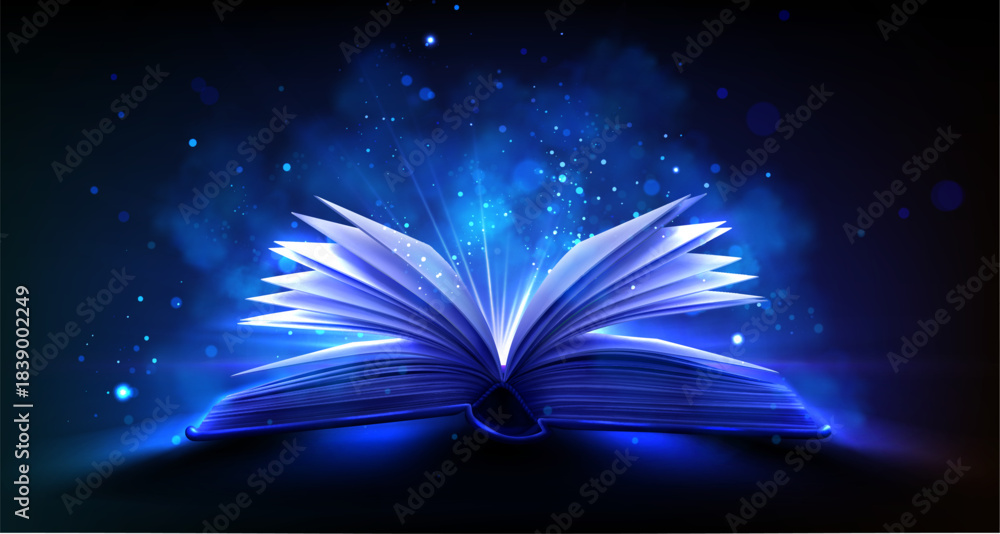 Fototapeta premium Open book with magical glow and mystical light rays on fantasy background. Ancient tome with bright sparkles, fairytale atmosphere and holy radiance for wizard tales, education or library book concept