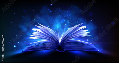 Open book with magical glow and mystical light rays on fantasy background. Ancient tome with bright sparkles, fairytale atmosphere and holy radiance for wizard tales, education or library book concept