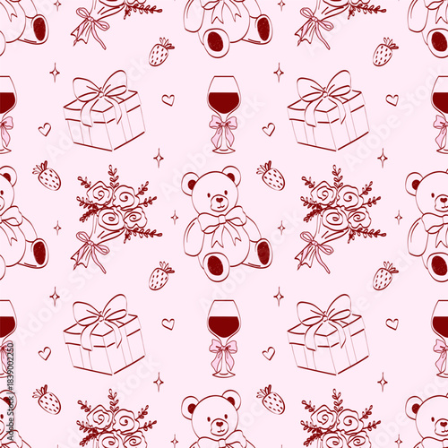 Hand drawn pattern coquette aesthetics elements. Vintage cute symbols with ribbon and bow in simple crayon style. Trendy art for Valentine's day and wedding invitations. Outline seamless pattern.