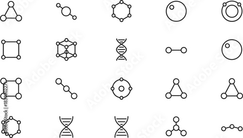Scientific molecular structure icons set illustrating atoms, DNA strands, chemical bonds, and geometric models in modern minimal line art vector style.
