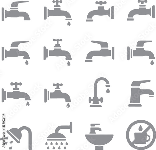 Modern vector icon set of various plumbing faucets, taps, and shower fixtures for bathroom and kitchen interface design.