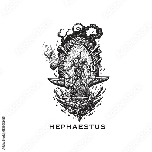 Surreal illustration of Hephaestus, the Greek God of fire and metalworking, depicted as a muscular figure standing on a cracked anvil, holding a flaming hammer