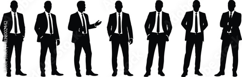 Business professional silhouette vector set, formal suit poses, corporate figure illustration, black standing characters, workplace attire design, leadership graphic