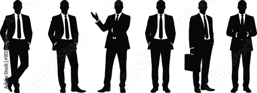 Business professional silhouette vector set, formal suit poses, corporate figure illustration, black standing characters, workplace attire design, leadership presentation graphic