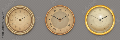 Antique watch collection, ornate golden dials and roman and arabic numerals. Elegant vintage wall timepiece set with classic decorative faces, luxury metal elements and traditional watchface designs.