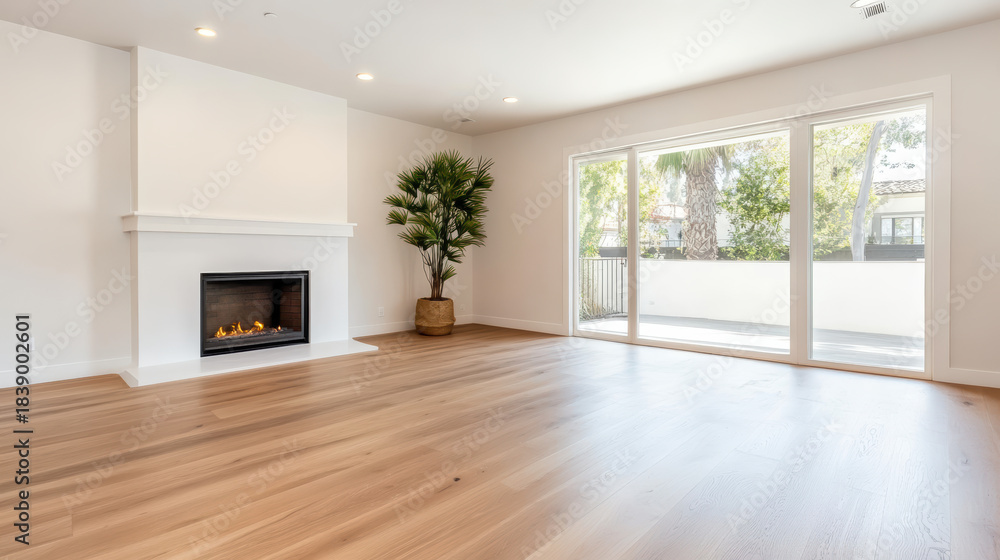 Obraz premium Minimalist living room with fireplace, large sliding glass door, warm light and plant