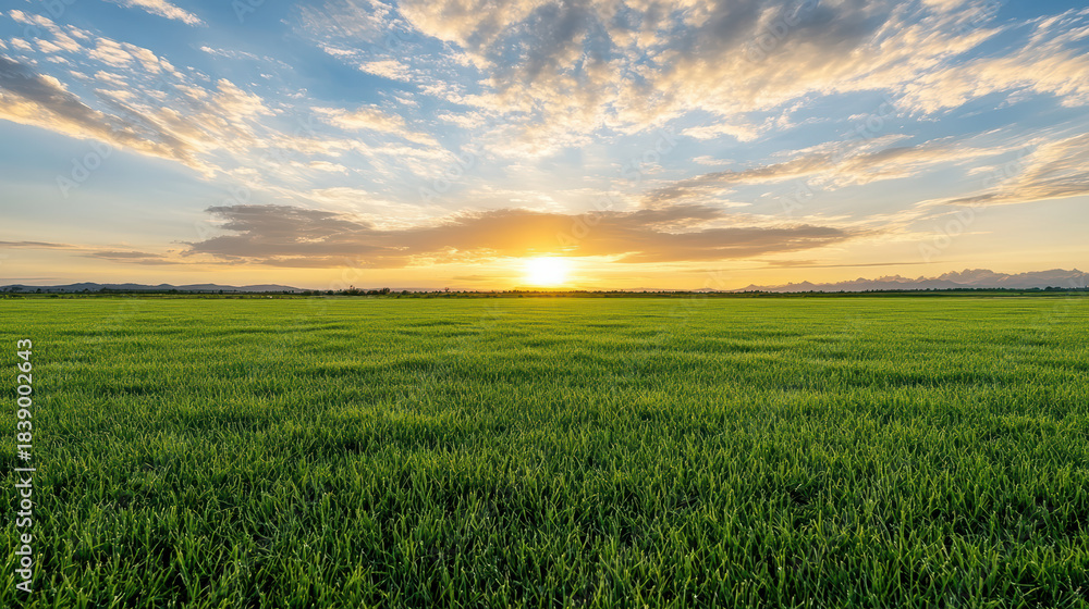 Obraz premium Lush green field at sunrise with dramatic cloudscape and warm light
