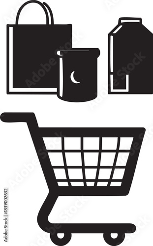 Shopping cart vector illustration: grocery bag, can, and milk carton icons eps silhouette