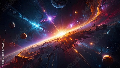 Wallpaper Mural A vibrant cosmic explosion depicting nebulas, planets, and celestial energy, illuminating the void Torontodigital.ca