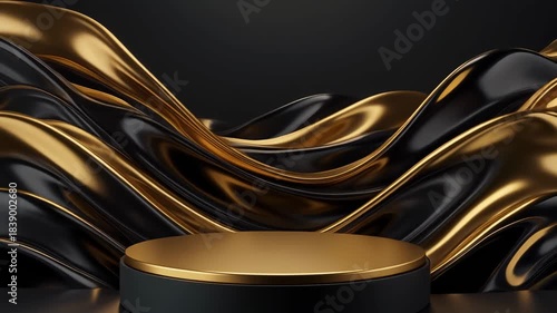 Elegant black and gold abstract background with a luxurious product display pedestal.
