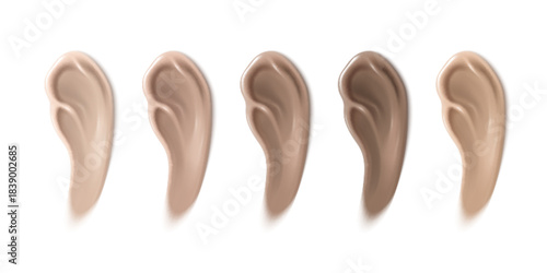 Makeup foundation swatches set isolated on white background. Vector realistic illustration of natural skin color BB cream strokes, light beige and dark tone concealer drops, cosmetic smudge texture
