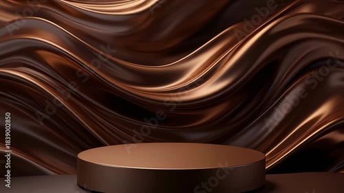 A luxurious bronze podium with elegant flowing chocolate-like waves in the background.