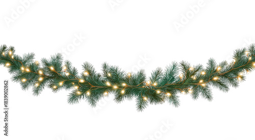 Christmas garland with pine needles and lights isolated on a transparent background