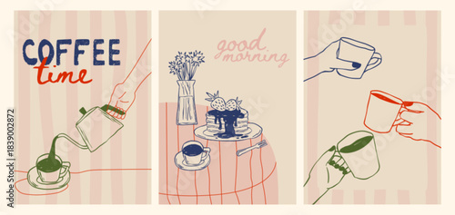 Coffee crayon doodle posters with breakfast cafe sketches - hand pouring from kettle, good morning pancakes and flowers, cups in hands. Line art illustrations for kitchen or restaurant decor.