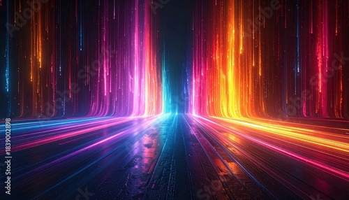 Wallpaper Mural Digital display of vibrant light trails falling toward a central glowing point, dark background Torontodigital.ca