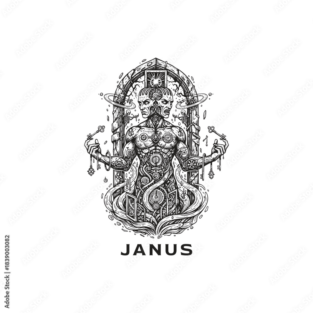 Fototapeta premium Surreal illustration of Janus, the Roman God of beginnings, endings, transitions, and duality, depicted as a muscular, two-faced figure standing within an ornate archway gate