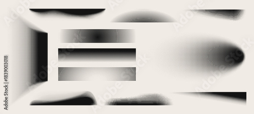 Abstract halftone shapes set isolated on background. Vector illustration of gradient dot frames with shadow effect, grainy noise texture, faded black stipple pattern, geometric dotwork elements