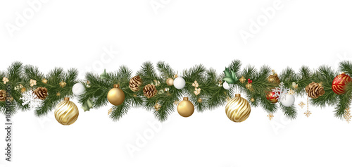 Christmas garland with ornaments and pine cones isolated on a transparent background