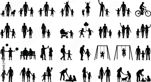 Family life silhouette vector set, adult and child interaction poses, parenting activity illustration, black figures, lifestyle relationship design, outdoor moments