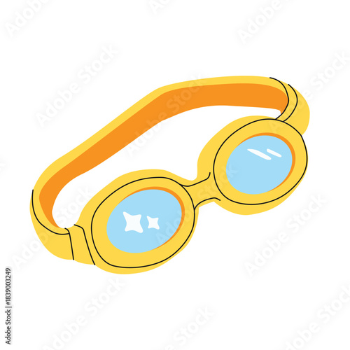 Yellow swimming goggles with blue lenses. Acsessories for pool, swimming lessons, summer activities, water sports, kids, beach.

