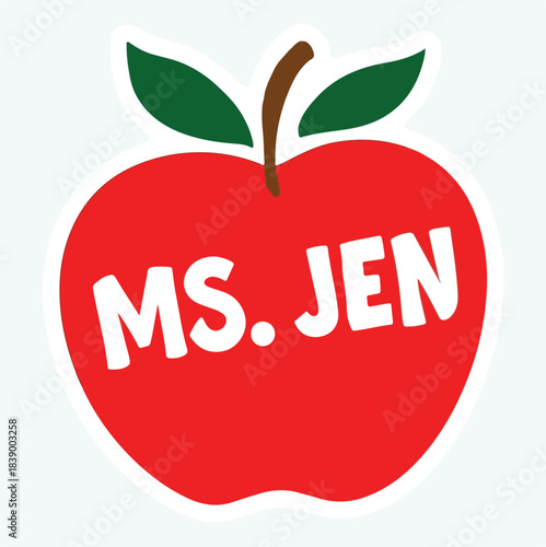 Ms. Jen Apple Logo – Red Fruit with Green Leaves and White Bold Text for Teacher Branding